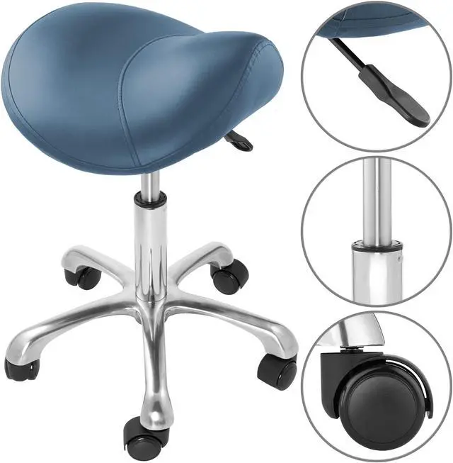 Alt view image 4 of 6 - Saloniture Professional Ergonomic Saddle Stool, Blue - Adjustable Hydraulic Seat, Rolling Spa Salon, Massage, and Medical Office Chair with Swivel Wheels