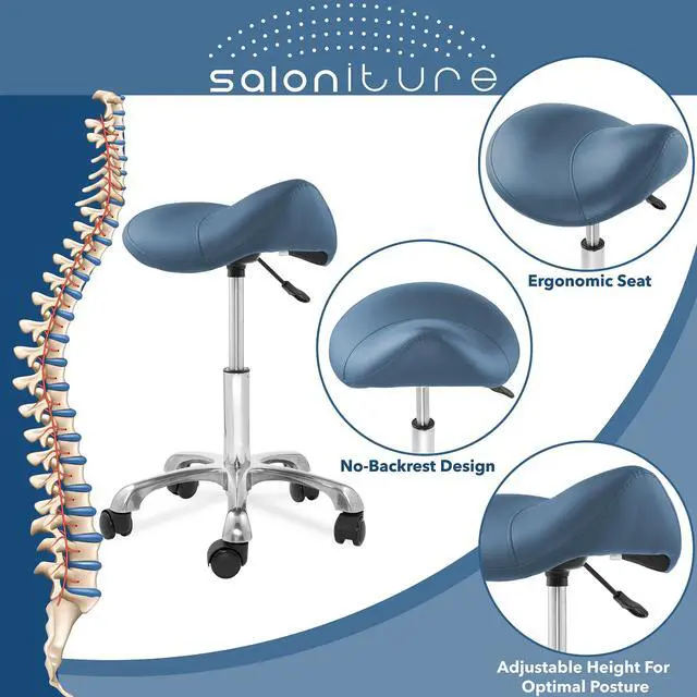 Alt view image 2 of 6 - Saloniture Professional Ergonomic Saddle Stool, Blue - Adjustable Hydraulic Seat, Rolling Spa Salon, Massage, and Medical Office Chair with Swivel Wheels