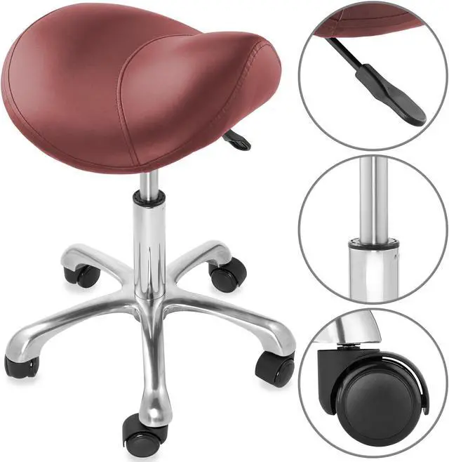 Alt view image 4 of 6 - Saloniture Professional Ergonomic Saddle Stool, Burgundy - Adjustable Hydraulic Seat, Rolling Spa Salon Chair with Swivel Wheels