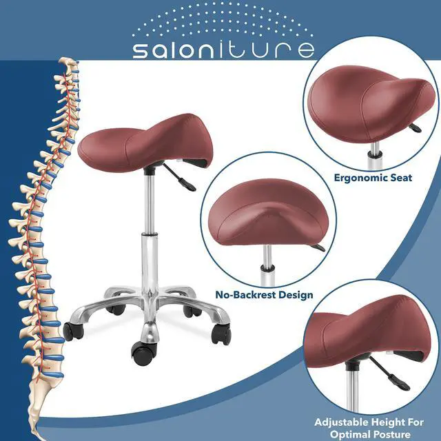 Alt view image 2 of 6 - Saloniture Professional Ergonomic Saddle Stool, Burgundy - Adjustable Hydraulic Seat, Rolling Spa Salon Chair with Swivel Wheels
