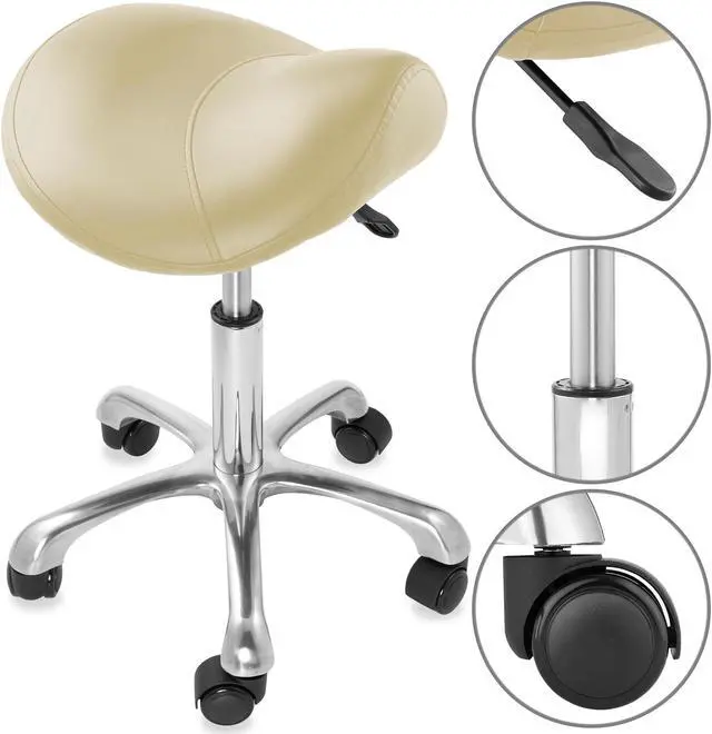 Alt view image 4 of 6 - Saloniture Professional Ergonomic Saddle Stool, Cream - Adjustable Hydraulic Seat, Rolling Spa Salon Chair with Swivel Wheels