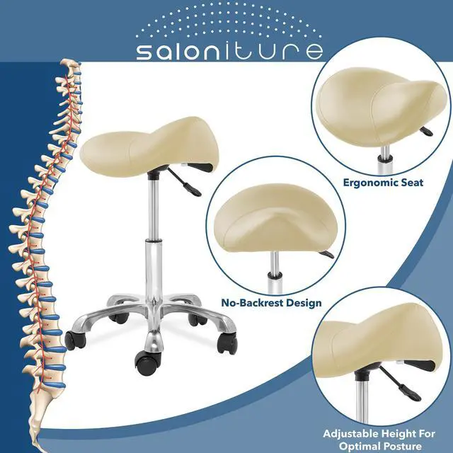 Alt view image 2 of 6 - Saloniture Professional Ergonomic Saddle Stool, Cream - Adjustable Hydraulic Seat, Rolling Spa Salon Chair with Swivel Wheels