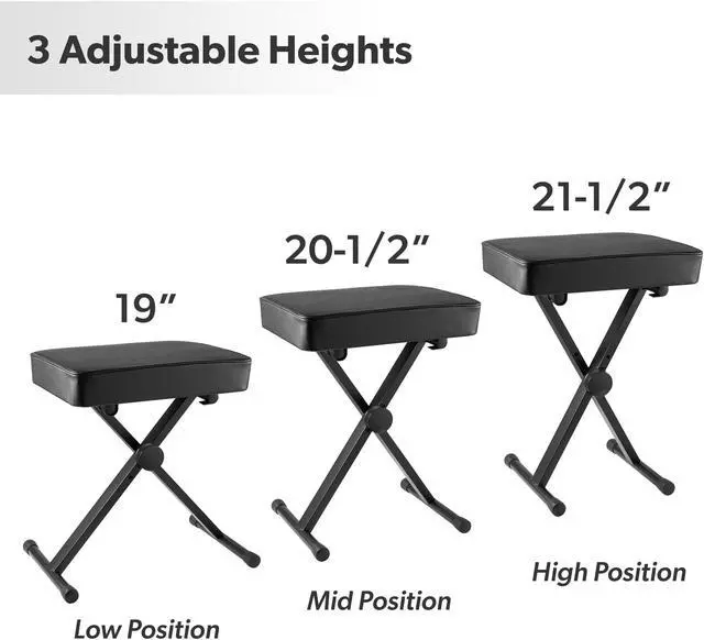 Alt view image 2 of 6 - Hamzer Cushioned Piano Bench, Adjustable Keyboard Stool Chair - Foldable & Portable w/ Padded Cushion - Stable Sturdy Collapsible X Style Seat, Black