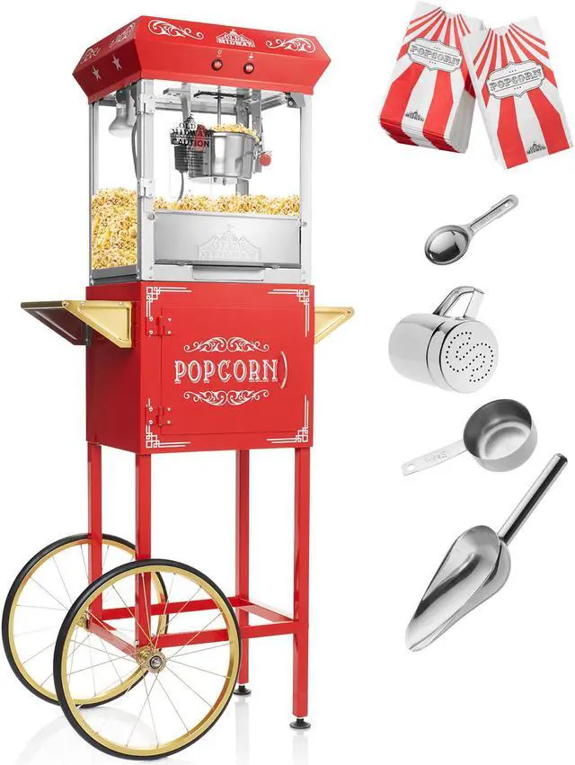 Alt view image 2 of 7 - Olde Midway Vintage Style Popcorn Machine Maker Popper with Cart and 6-Ounce Kettle - Red