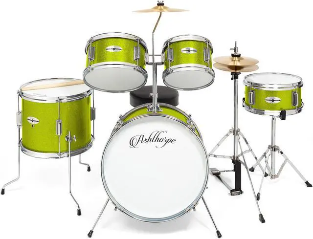 Alt view image 2 of 6 - Ashthorpe 5-Piece Complete Junior Drum Set with Genuine Brass Cymbals - Advanced Beginner Kit with 16" Bass, Adjustable Throne, Cymbals, Hi-Hats, Pedals & Drumsticks - Green
