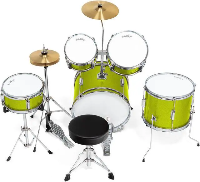 Alt view image 3 of 6 - Ashthorpe 5-Piece Complete Junior Drum Set with Genuine Brass Cymbals - Advanced Beginner Kit with 16" Bass, Adjustable Throne, Cymbals, Hi-Hats, Pedals & Drumsticks - Green