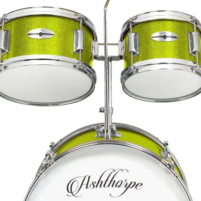 Alt view image 4 of 6 - Ashthorpe 5-Piece Complete Junior Drum Set with Genuine Brass Cymbals - Advanced Beginner Kit with 16" Bass, Adjustable Throne, Cymbals, Hi-Hats, Pedals & Drumsticks - Green