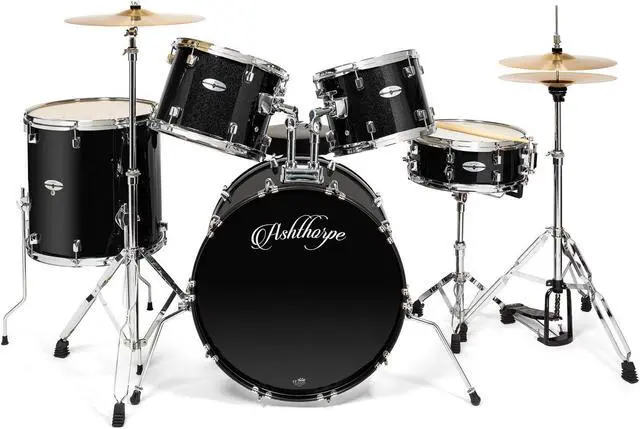 Alt view image 2 of 6 - Ashthorpe 5-Piece Full Size Adult Drum Set with Remo Heads & Premium Brass Cymbals - Complete Professional Percussion Kit with Chrome Hardware - Black