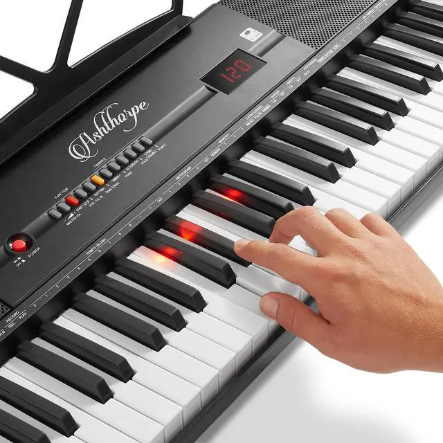 Alt view image 5 of 6 - Ashthorpe 61-Key Digital Electronic Keyboard Piano with Light Up Keys, Includes Stand, Bench, Headphones, Mic and Keynote Stickers