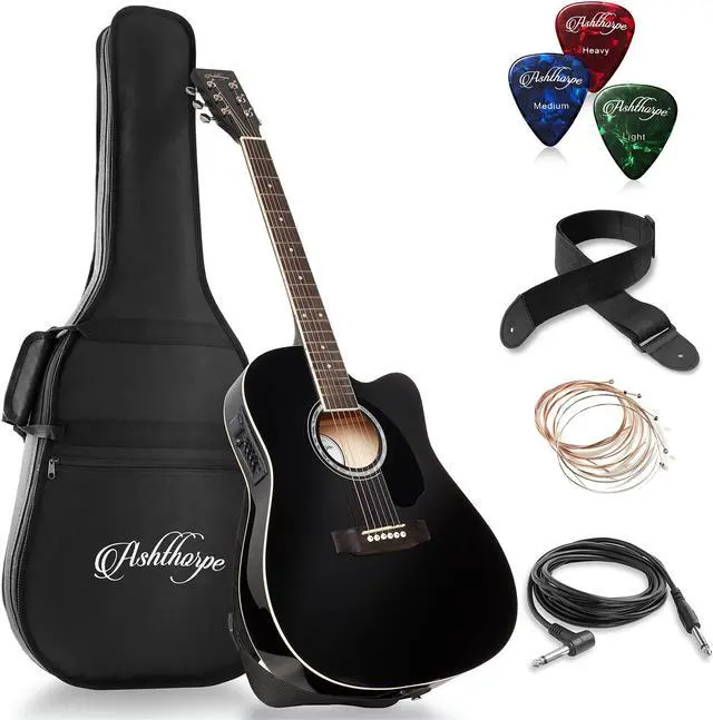 Main image of Ashthorpe Full-Size Cutaway Thinline Acoustic-Electric Guitar Package - Premium Tonewoods - Black