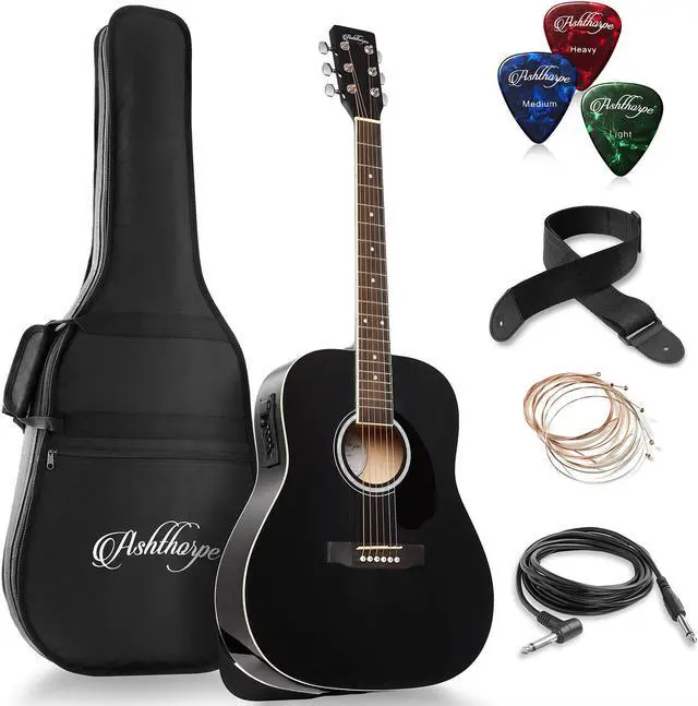 Main image of Ashthorpe Full-Size Dreadnought Acoustic-Electric Guitar Bundle - Premium Tonewoods - Black