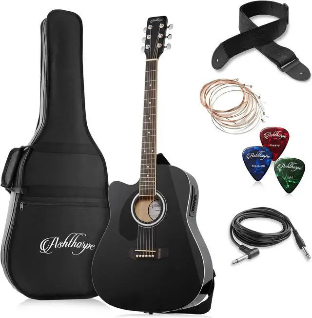 Main image of Ashthorpe Full-Size Left-Handed Dreadnought Cutaway Acoustic-Electric Guitar Bundle - Premium Tonewoods - Black