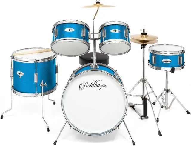 Alt view image 2 of 6 - Ashthorpe 5-Piece Complete Junior Drum Set with Genuine Brass Cymbals - Advanced Beginner Kit with 16" Bass, Adjustable Throne, Cymbals, Hi-Hats, Pedals & Drumsticks - Blue