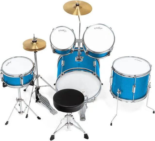 Alt view image 3 of 6 - Ashthorpe 5-Piece Complete Junior Drum Set with Genuine Brass Cymbals - Advanced Beginner Kit with 16" Bass, Adjustable Throne, Cymbals, Hi-Hats, Pedals & Drumsticks - Blue