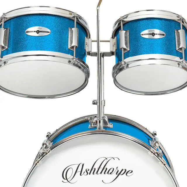 Alt view image 4 of 6 - Ashthorpe 5-Piece Complete Junior Drum Set with Genuine Brass Cymbals - Advanced Beginner Kit with 16" Bass, Adjustable Throne, Cymbals, Hi-Hats, Pedals & Drumsticks - Blue