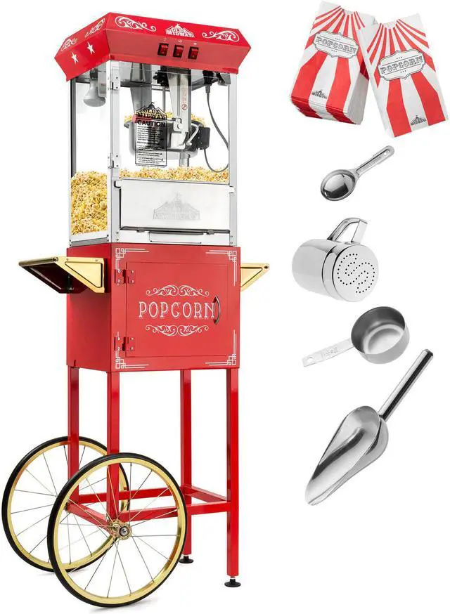 Alt view image 2 of 6 - Olde Midway Vintage Style Popcorn Machine Maker Popper with Cart and 8-Ounce Kettle - Red