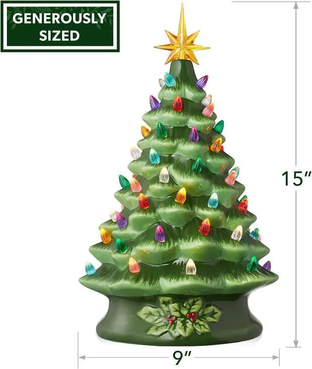 Alt view image 3 of 6 - Casafield Hand Painted Ceramic Christmas Tree, Green 15-Inch Pre-Lit Tree with 128 Multi Color Lights and 2 Star Toppers