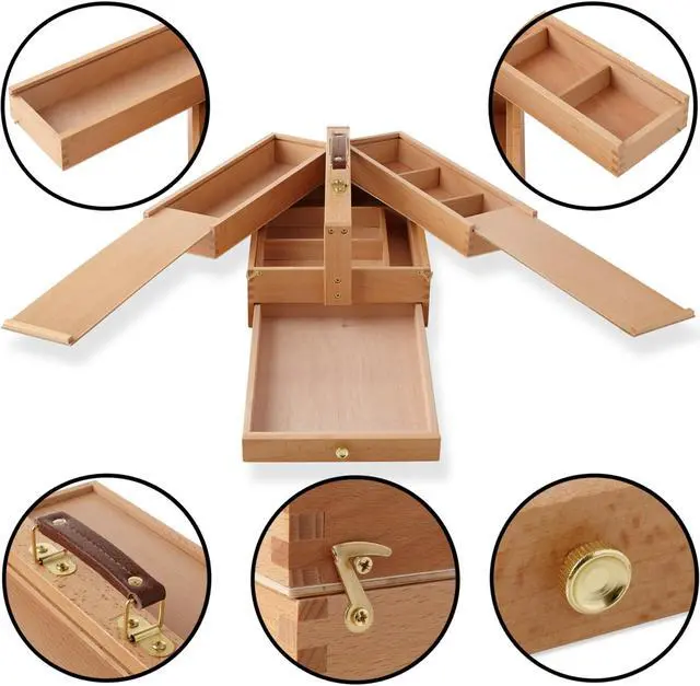 Alt view image 3 of 5 - 7 Elements Wooden Multi-Function Artist Tool and Brush Storage Box - Beechwood Art Supply Organizer with Drawers