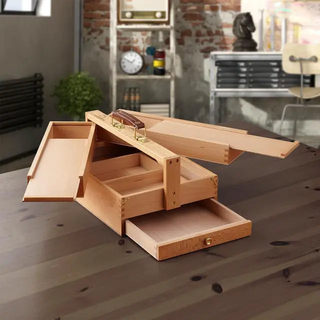 Alt view image 5 of 5 - 7 Elements Wooden Multi-Function Artist Tool and Brush Storage Box - Beechwood Art Supply Organizer with Drawers