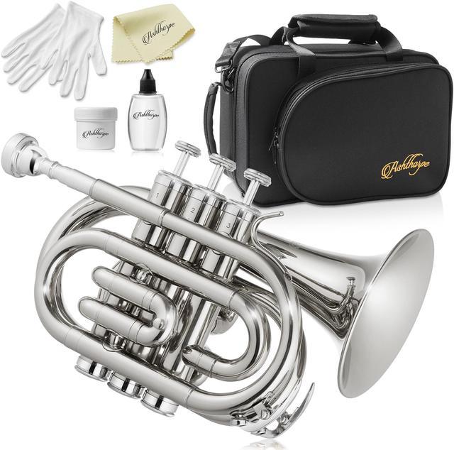 Ashthorpe Bb Brass Pocket Trumpet with Nickel Plated Finish - Includes  Case, Mouthpiece, Gloves, Cleaning Cloth, Valve Oil 