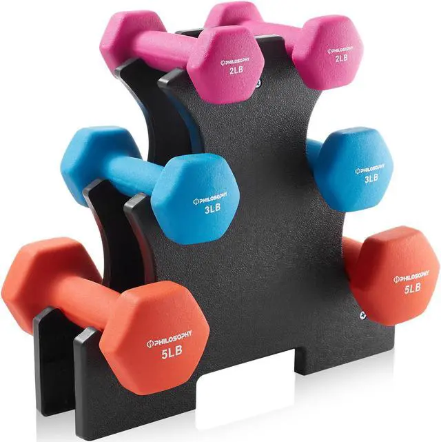 Main image of Philosophy Gym Neoprene Dumbbell Hand Weights with Stand, 20 lbs (2 lb, 3 lb, 5 lb Pairs)