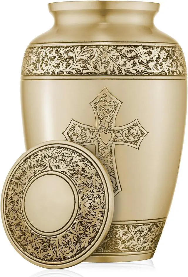 Alt view image 5 of 5 - Reminded Adult Cremation Memorial Urn for Human Ashes, Gold Etched Cross Brass Funeral Urn with Velvet Bag