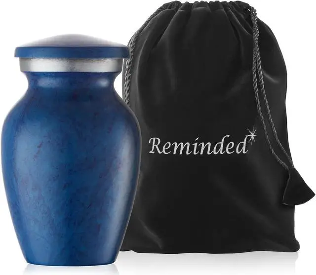 Alt view image 5 of 6 - Reminded Small Cremation Memorial Urn for Human Ashes, Blue Mini Keepsake with Velvet Case