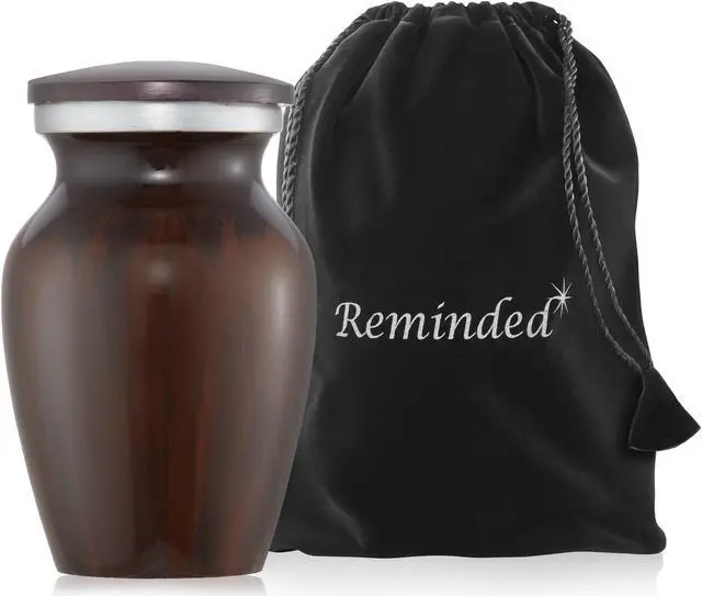 Alt view image 4 of 5 - Reminded Small Cremation Memorial Urn for Human Ashes, Brown Mini Keepsake with Velvet Case