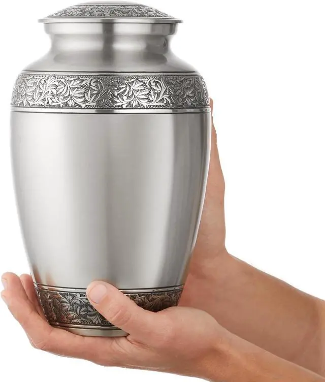 Alt view image 2 of 6 - Reminded Cremation Memorial Urn for Human Ashes, Silver Adult Funeral Urn with Velvet Bag