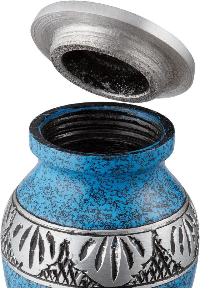 Alt view image 6 of 6 - Reminded Small Cremation Urns for Human Ashes, Mini Keepsake Set of 4 Blue and Silver with Velvet Case