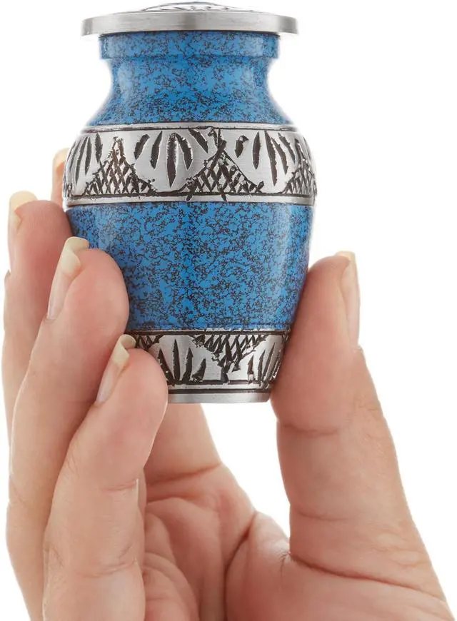 Alt view image 3 of 6 - Reminded Small Cremation Urns for Human Ashes, Mini Keepsake Set of 4 Blue and Silver with Velvet Case
