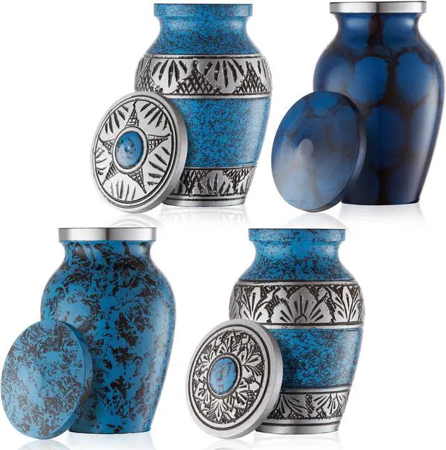 Alt view image 2 of 6 - Reminded Small Cremation Urns for Human Ashes, Mini Keepsake Set of 4 Blue and Silver with Velvet Case