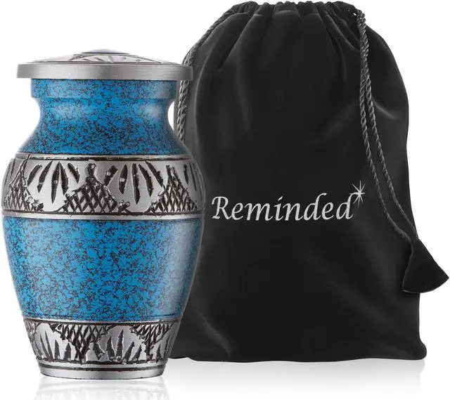 Alt view image 5 of 6 - Reminded Small Cremation Urns for Human Ashes, Mini Keepsake Set of 4 Blue and Silver with Velvet Case
