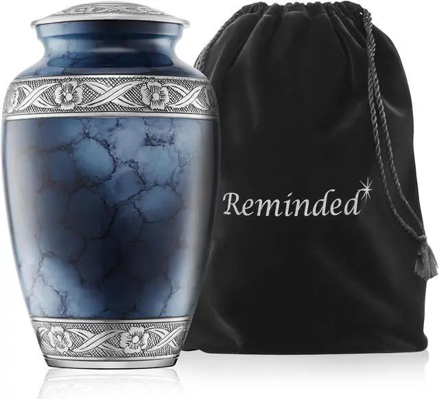 Main image of Reminded Cremation Memorial Urn for Human Ashes, Silver and Blue Adult Funeral Urn with Velvet Bag