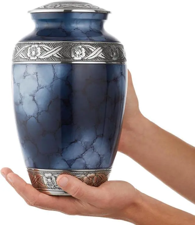 Alt view image 2 of 6 - Reminded Cremation Memorial Urn for Human Ashes, Silver and Blue Adult Funeral Urn with Velvet Bag