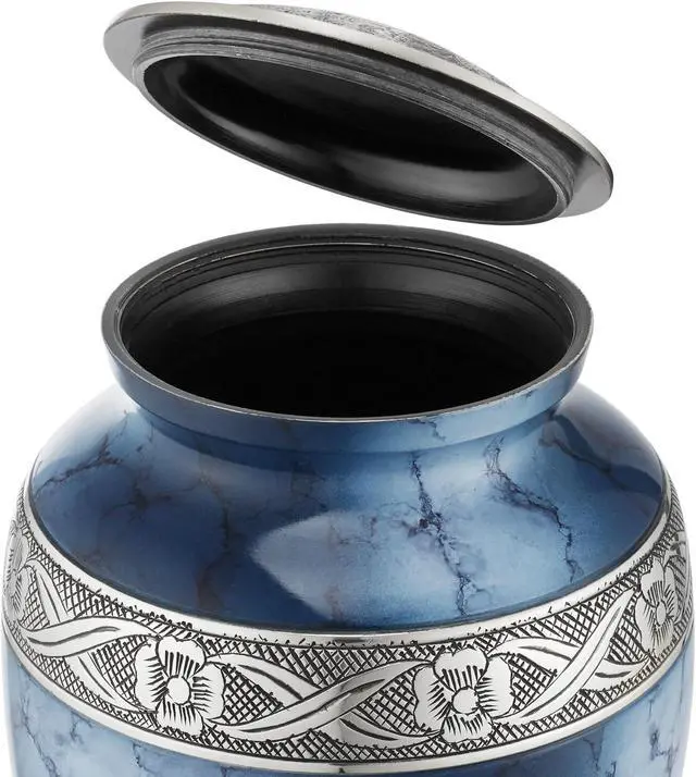 Alt view image 4 of 6 - Reminded Cremation Memorial Urn for Human Ashes, Silver and Blue Adult Funeral Urn with Velvet Bag