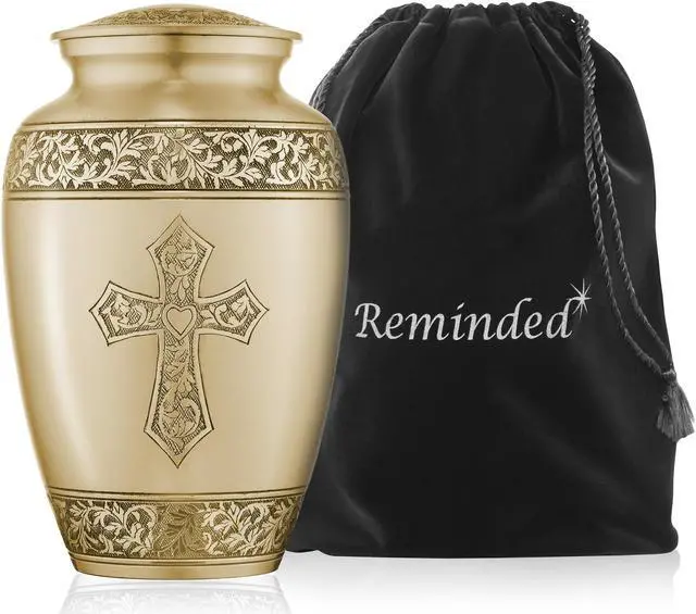 Main image of Reminded Adult Cremation Memorial Urn for Human Ashes, Gold Etched Cross Brass Funeral Urn with Velvet Bag