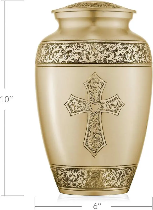 Alt view image 2 of 5 - Reminded Adult Cremation Memorial Urn for Human Ashes, Gold Etched Cross Brass Funeral Urn with Velvet Bag
