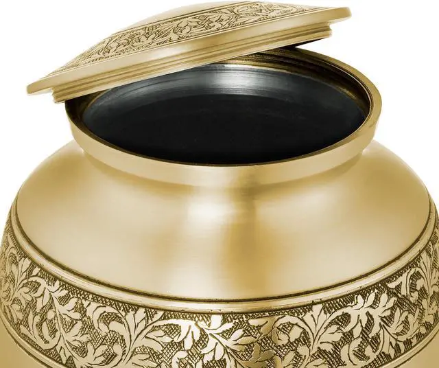Alt view image 3 of 5 - Reminded Adult Cremation Memorial Urn for Human Ashes, Gold Etched Cross Brass Funeral Urn with Velvet Bag