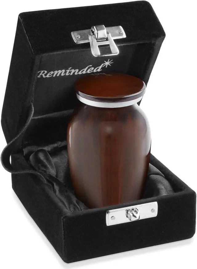 Main image of Reminded Small Cremation Memorial Urn for Human Ashes, Brown Mini Keepsake with Velvet Case
