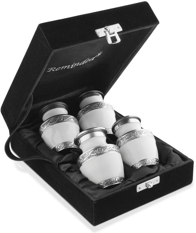 Main image of Reminded Small Cremation Urns for Human Ashes, Mini Keepsake Set of 4 White and Silver with Velvet Case