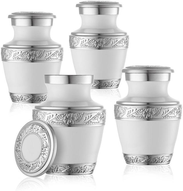 Alt view image 2 of 7 - Reminded Small Cremation Urns for Human Ashes, Mini Keepsake Set of 4 White and Silver with Velvet Case