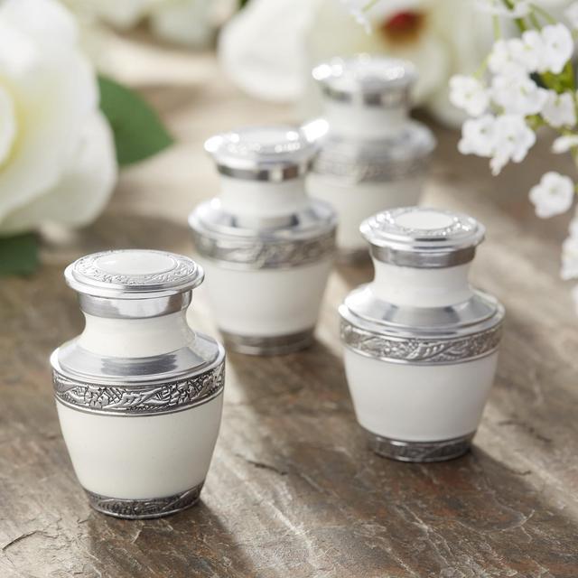 Alt view image 7 of 7 - Reminded Small Cremation Urns for Human Ashes, Mini Keepsake Set of 4 White and Silver with Velvet Case