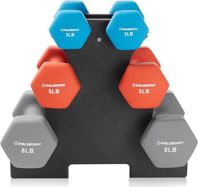 Alt view image 2 of 6 - Philosophy Gym Neoprene Dumbbell Hand Weights with Stand, 32 lbs (3 lb, 5 lb, 8 lb Pairs)