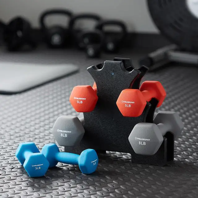 Alt view image 6 of 6 - Philosophy Gym Neoprene Dumbbell Hand Weights with Stand, 32 lbs (3 lb, 5 lb, 8 lb Pairs)