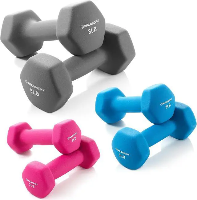 Alt view image 3 of 6 - Philosophy Gym Neoprene Dumbbell Hand Weights with Stand, 32 lbs (3 lb, 5 lb, 8 lb Pairs)