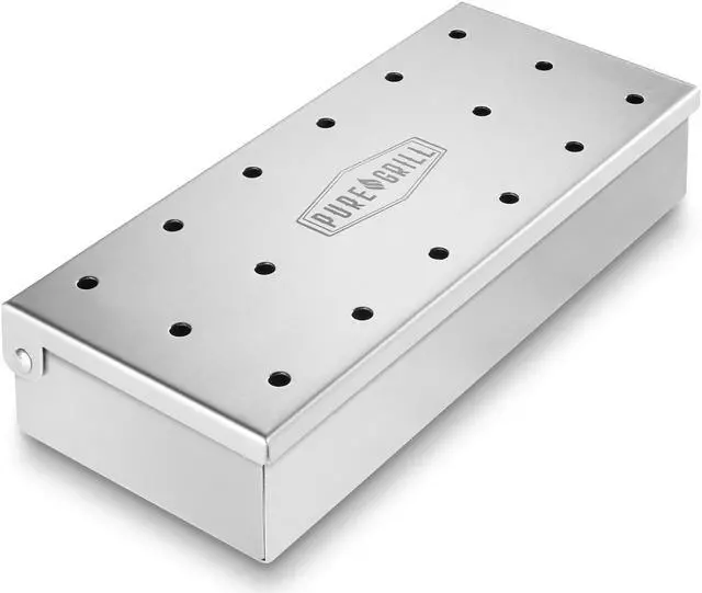 Alt view image 2 of 4 - Pure Grill BBQ Smoker Box - Heavy Duty Stainless Steel with Hinged Lid for Wood Chips - Barbecue Meat Smoking for Charcoal and Gas Grills