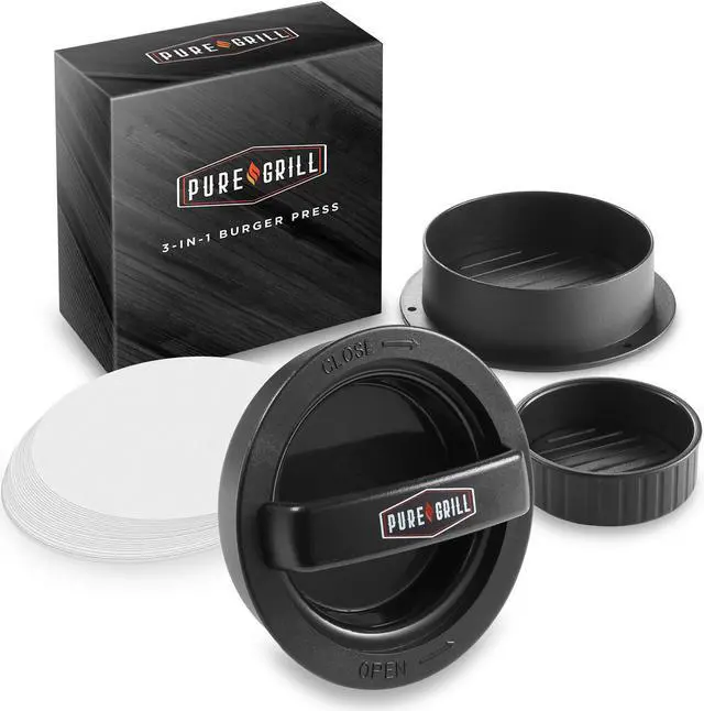 Main image of Pure Grill 3-in-1 Burger Press - Patty Maker with 100 Wax Papers for BBQ Grilling Stuffed Hamburgers, Beef Patties, and Sliders