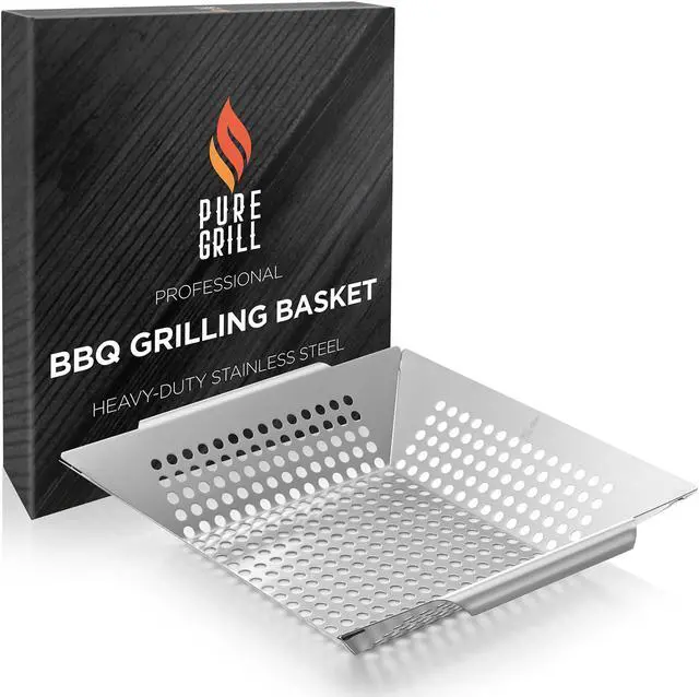 Alt view image 6 of 6 - Pure Grill BBQ Vegetable Grilling Basket - Stainless Steel Barbecue Wok Pan Tray