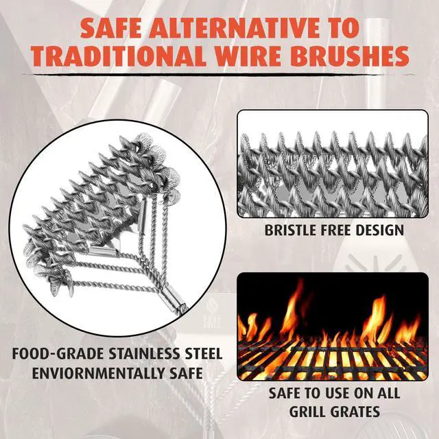 Alt view image 2 of 6 - Pure Grill 3-in-1 Stainless Steel Bristle Free Mesh Wire Grill Brush and Scraper for Cleaning BBQ Grates